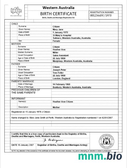Australia Western Australia narodziny certyfikat szablon w formacie Word, wersja 3